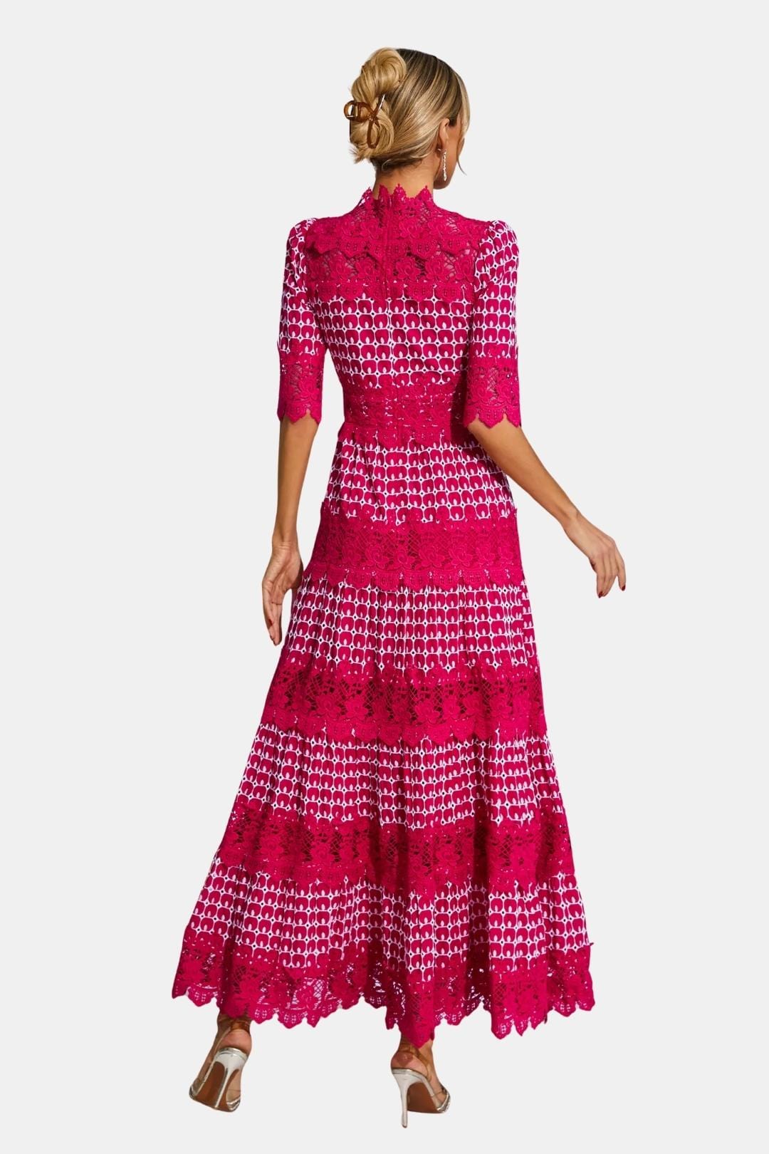 Clarisse | Embroidered Lace Short Sleeve Midi Cocktail Dress