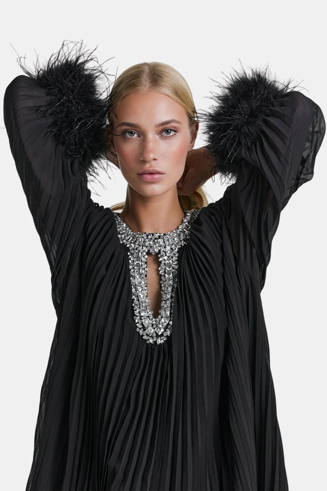 Serelisse | Diamante Feathered Pleated Maxi Chiffon Cocktail Dress