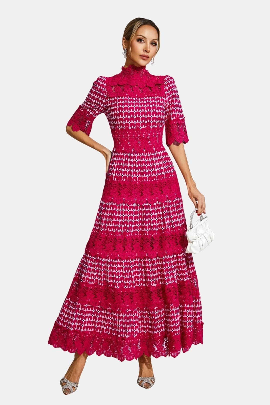 Clarisse | Embroidered Lace Short Sleeve Midi Cocktail Dress