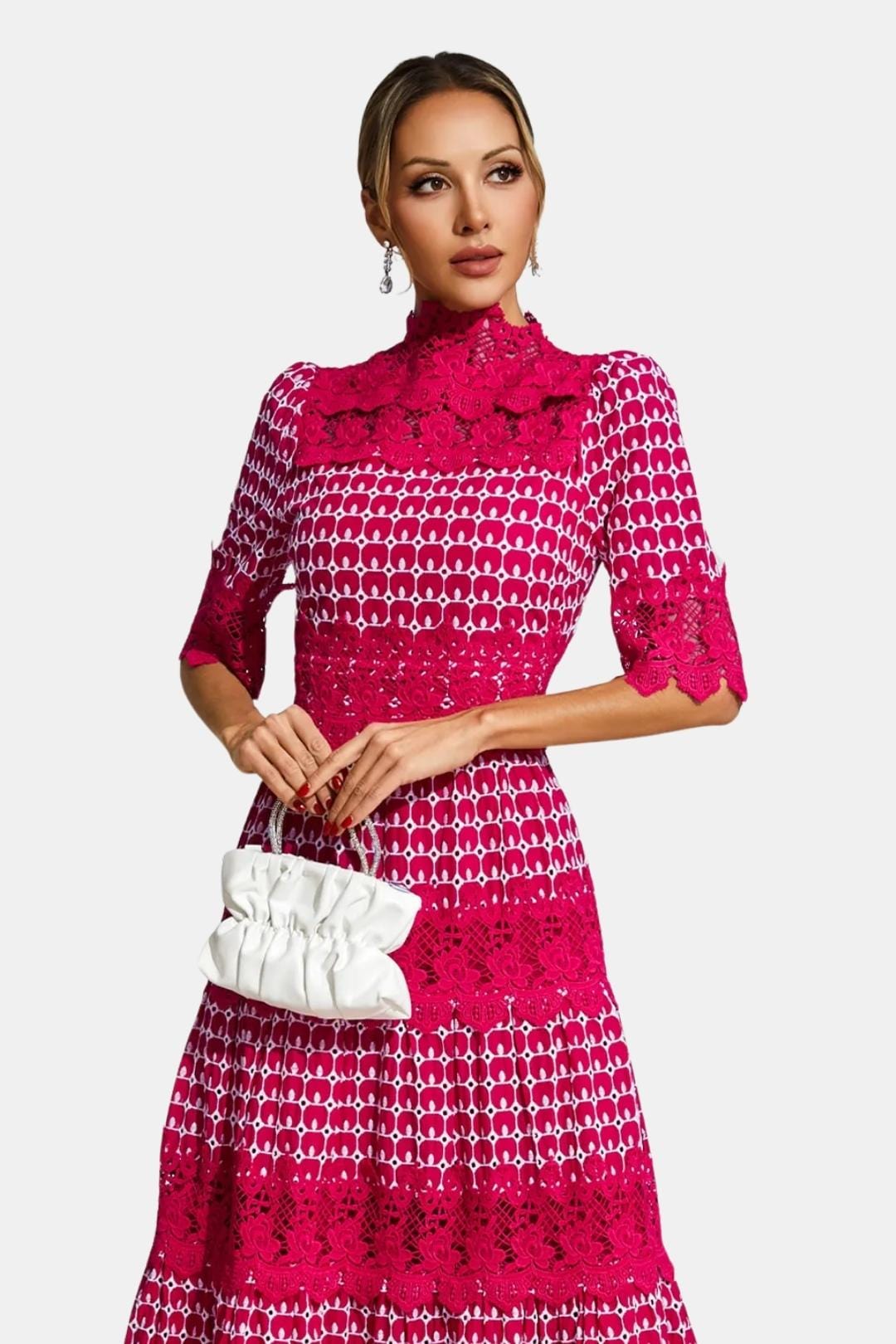 Clarisse | Embroidered Lace Short Sleeve Midi Cocktail Dress