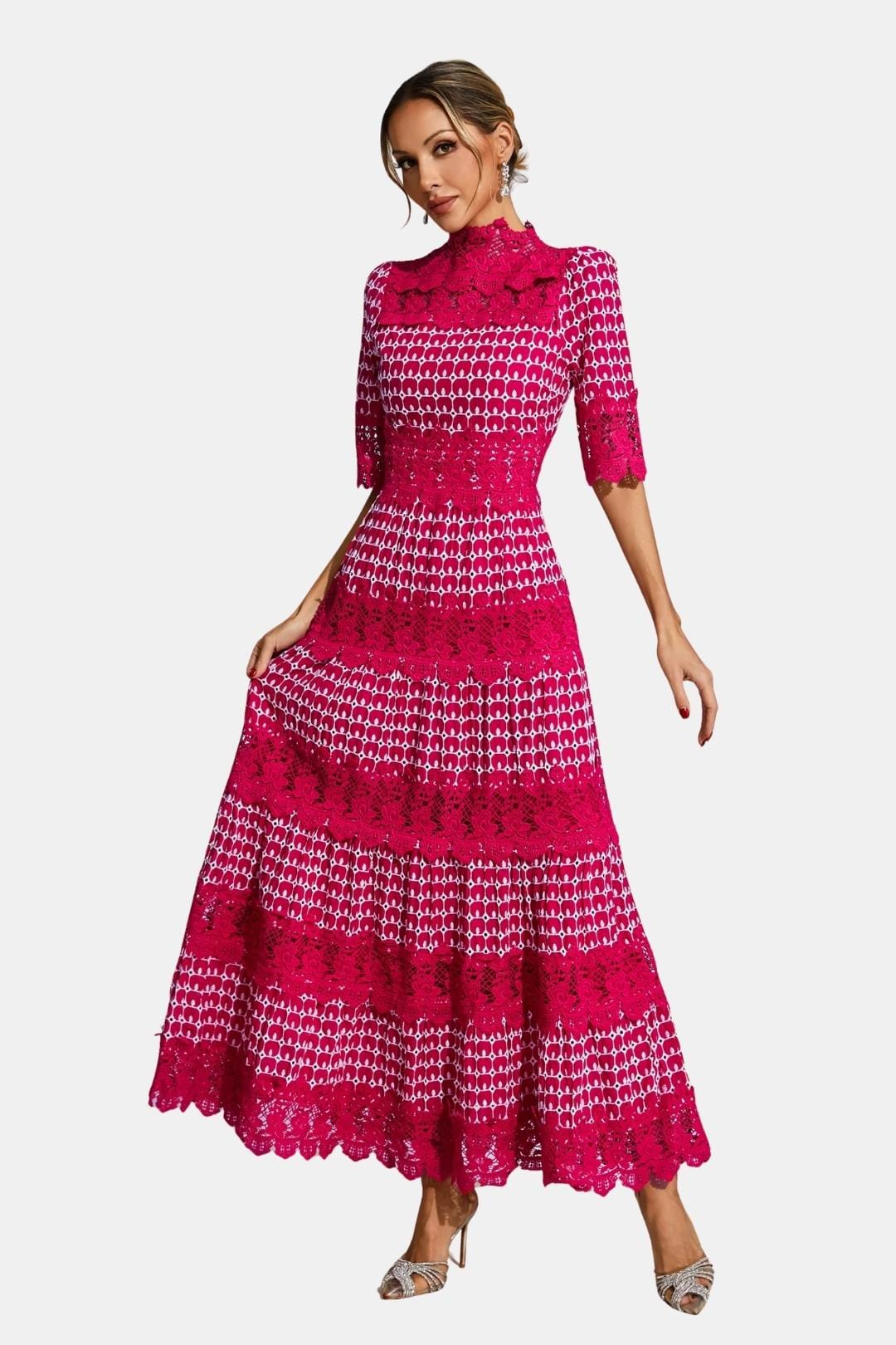 Clarisse | Embroidered Lace Short Sleeve Midi Cocktail Dress