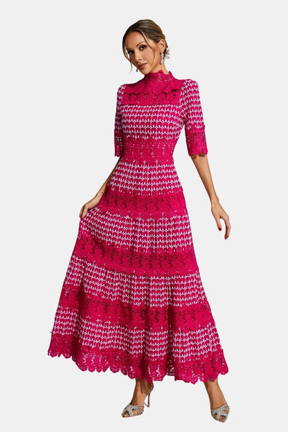 Clarisse | Embroidered Lace Short Sleeve Midi Cocktail Dress