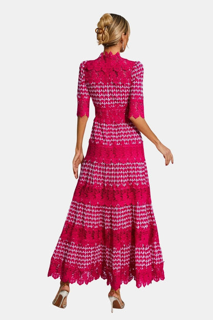 Clarisse | Embroidered Lace Short Sleeve Midi Cocktail Dress