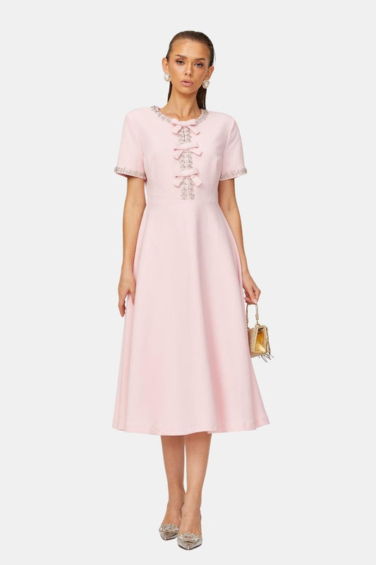 Selvianne | Bowknot Crystal-Embellished Midi Cocktail Dress