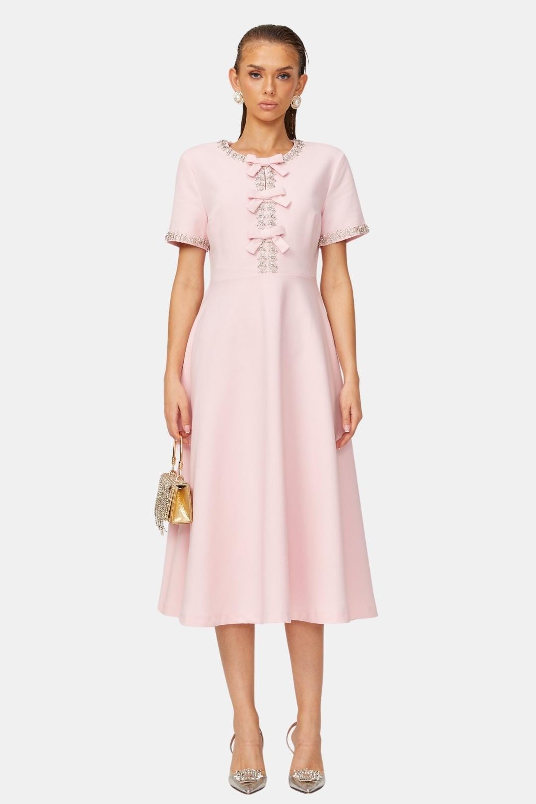 Selvianne | Bowknot Crystal-Embellished Midi Cocktail Dress