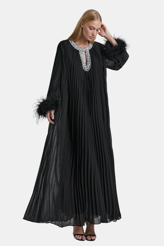 Serelisse | Diamante Feathered Pleated Maxi Chiffon Cocktail Dress