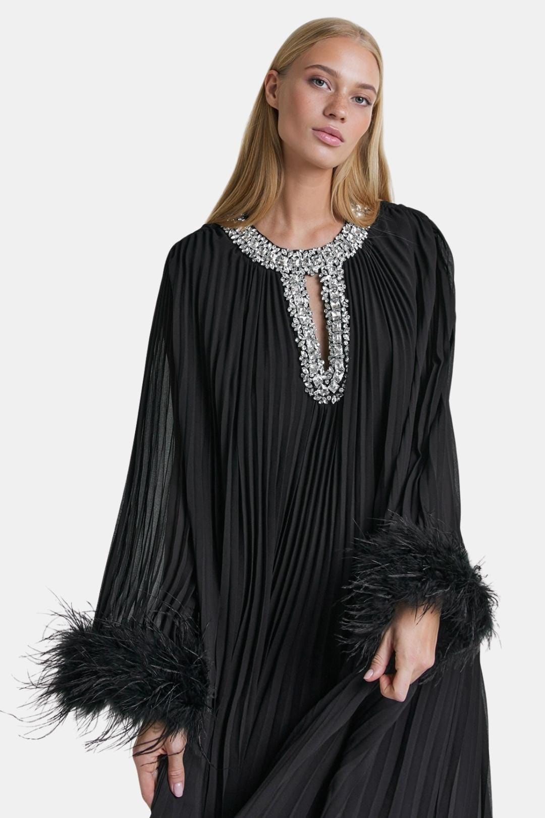 Serelisse | Diamante Feathered Pleated Maxi Chiffon Cocktail Dress