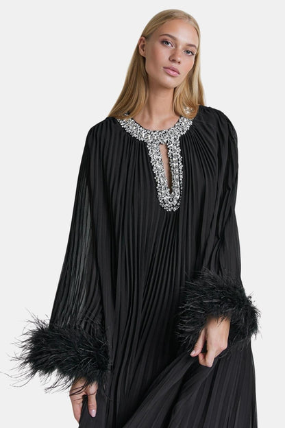 Serelisse | Diamante Feathered Pleated Maxi Chiffon Cocktail Dress