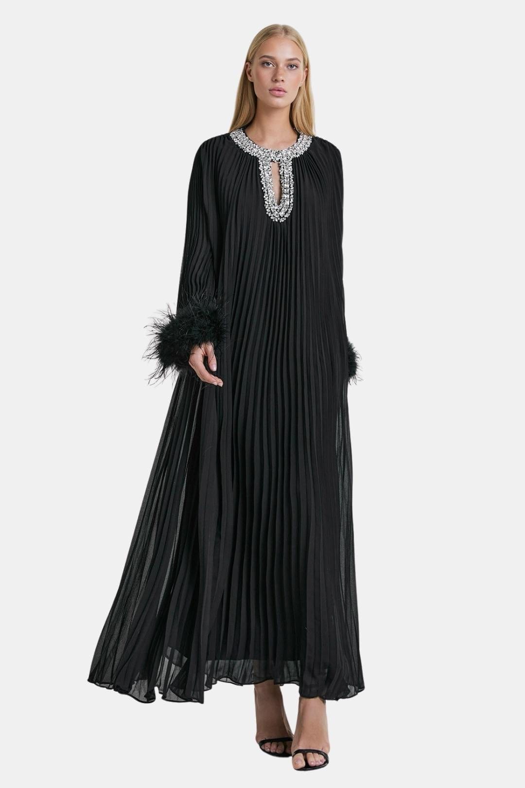 Serelisse | Diamante Feathered Pleated Maxi Chiffon Cocktail Dress