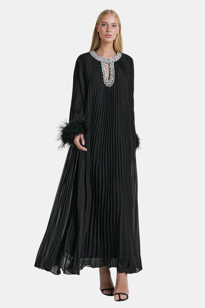Serelisse | Diamante Feathered Pleated Maxi Chiffon Cocktail Dress